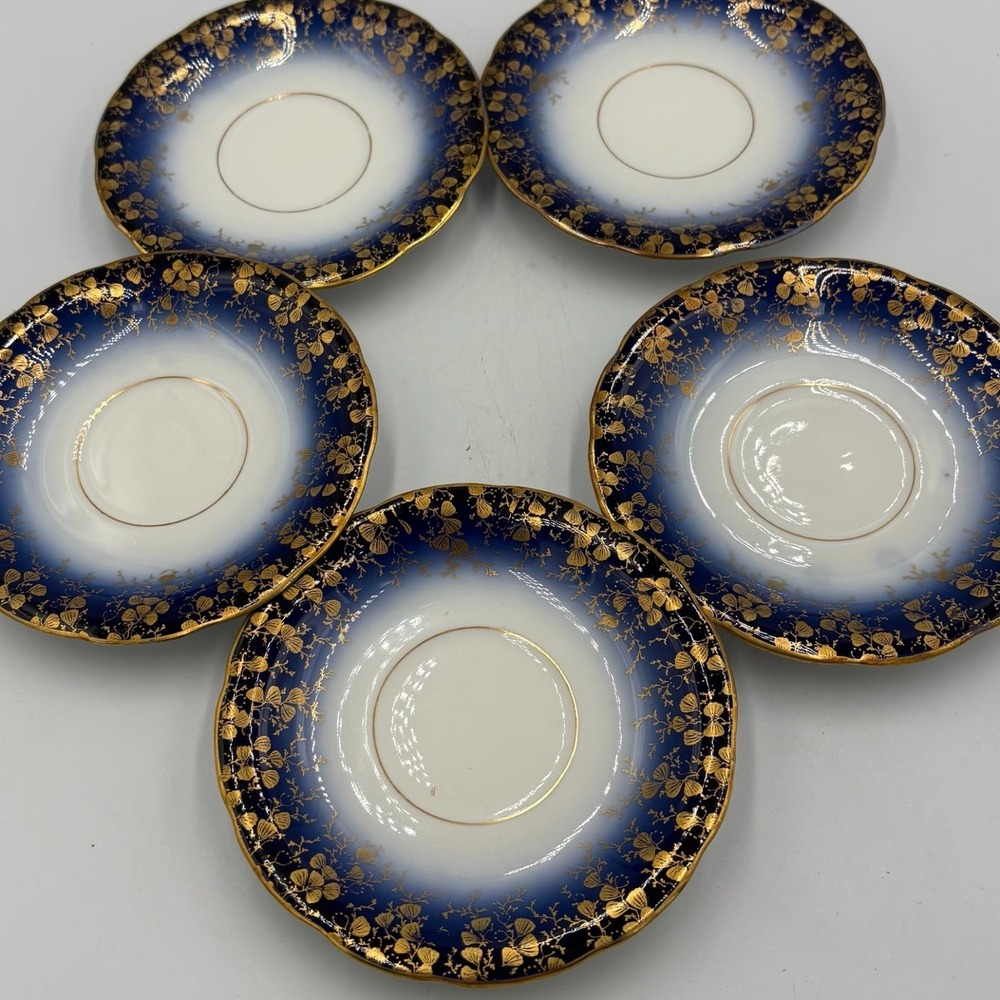 Set of 5 T&V Limoges‎ Cobalt & Gold Floral Saucers for Ovington Bros France